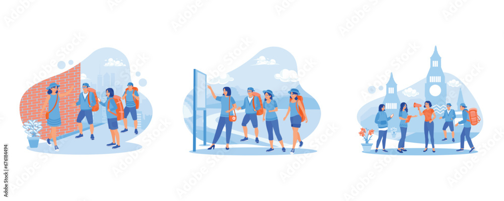 Guide and group of tourists. Read maps of tourist areas. Tour guide girl. Tourist Guide concept. set trend modern vector flat illustration