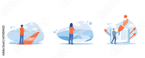 Start walking towards success. Businessman standing at the beginning of the road. Trying to reach the stars. Career Development Concept. set trend modern vector flat illustration