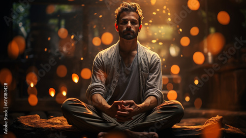 A young man is meditating on budha temple and eyes closed. Concept of meditation, dreaming, wellbeing and healthy lifestyle