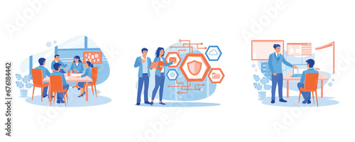 Discuss business ideas. Server Technician and IT Specialist. Programming on computers. Discuss Information concept. set trend modern vector flat illustration