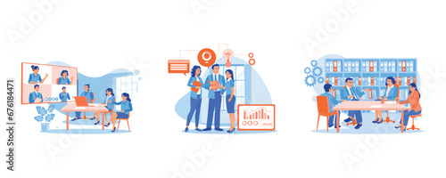 Online video conferencing via screen. Discuss with presentations. Discuss in the document storage room. Discuss Information concept. set trend modern vector flat illustration