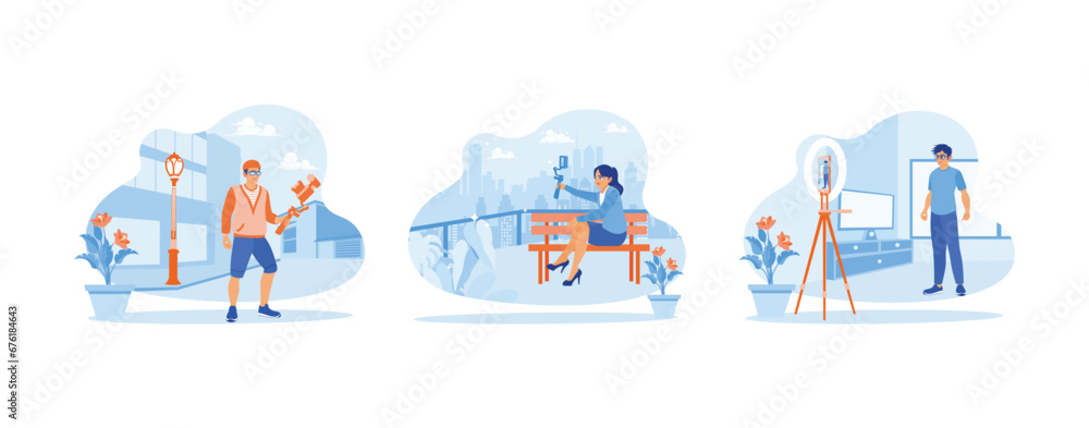 Content Creator concept. Young male vlogger travels. Women are making daily vlogs and explaining something while being recorded. set trend modern vector flat illustration