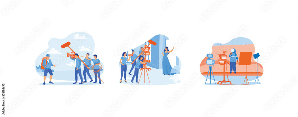 Behind the scenes of the filmmaking process. Take pictures outdoors and indoors. The cinematographer shot the Mars scene. set trend modern vector flat illustration