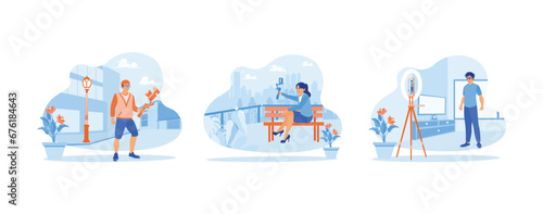 Content Creator concept. Young male vlogger travels. Women are making daily vlogs and explaining something while being recorded. set trend modern vector flat illustration