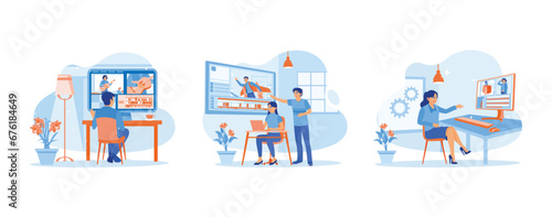 Video Editor concept. They are working on post-production of a film. Give each other input for video editing. The video editor checks the results. set trend modern vector flat illustration
