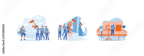 Behind the scenes of the filmmaking process. Take pictures outdoors and indoors. The cinematographer shot the Mars scene. set trend modern vector flat illustration