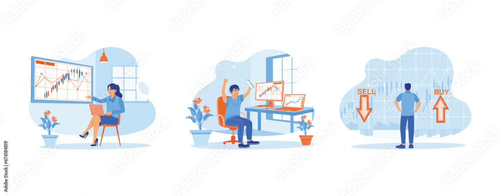 Stock Trading concept. Analyze stock trading indices. Celebrate trading success. I am selling or buying shares. set trend modern vector flat illustration