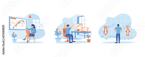 Stock Trading concept. Analyze stock trading indices. Celebrate trading success. I am selling or buying shares. set trend modern vector flat illustration