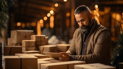 man in warehouse with boxes - Small business aspiring entrepreneur - A business owner handle the parcel packages - Ai