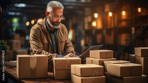 man in warehouse with packaging boxes - Small business aspiring entrepreneur - A business owner handle the parcel packages - Ai