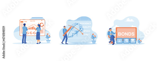 Finance control scenes concept. Analyze company finances. Create and write business concepts. Corporate Bond Banking Financial Market Management. set trend modern vector flat illustration