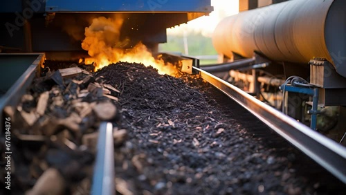 Indepth image of a conveyor belt system carrying woody biomass towards a pyrolysis reactor, ilrating the thermal decomposition process for biochar production.