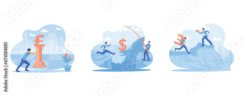 Pushing the pound money symbol on the chess board. Entrepreneurs jump from one cliff to another. Bad boss with a megaphone. set trend modern vector flat illustration