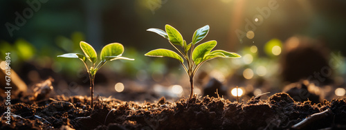 the seedling are growing from the rich soil to the morning sunlight that is shining, seedling, cultivation. agriculture, horticulture. plant growth evolution from seed to sapling, ecology concept - Ai