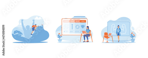 Self-improvement concept. Rock climbing with enthusiasm. Online self-improvement test. Students are confident in front of the board.  set trend modern vector flat illustration