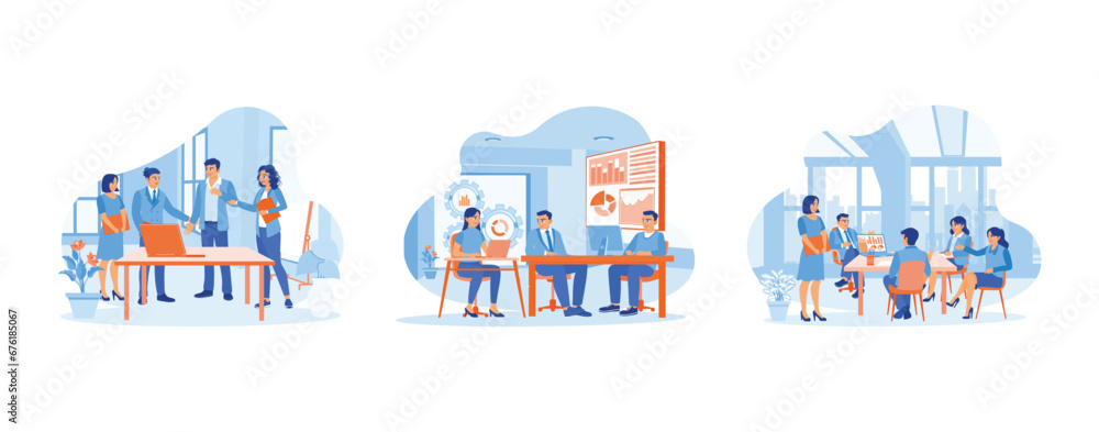 A diverse group of business people working using laptops. Businesswoman leading meeting with business colleagues in office. Work together and discuss with each other during discussions. 