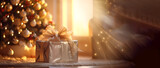 Golden Gift with a bow on the floor near the Christmas tree. The sun's rays. Christmas. There is a Christmas tree in the background. Banner. Copy space. Generated AI. Modified in Photoshop