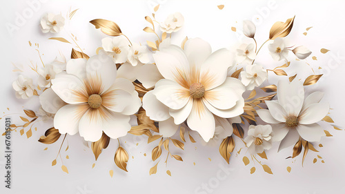 Spring flowers on a white background. White and gold flowers on a white background. Background. Wallpaper. Banner. Generated AI. Photoshop improved