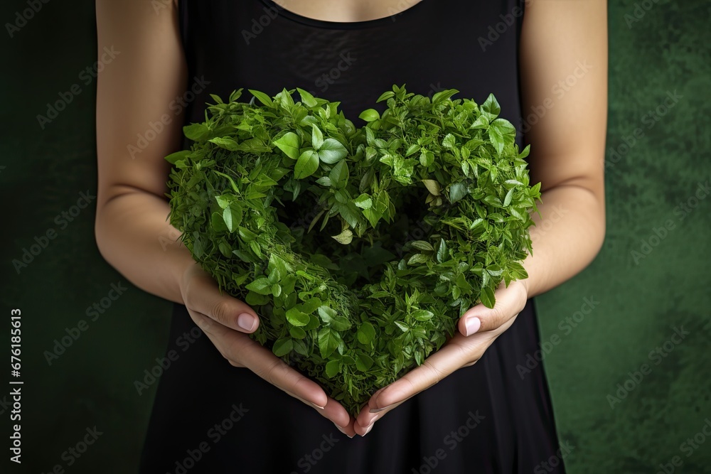 Nurturing love. Human hands cradle young green tree heart. Eco affection. Growing love for nature and sustainable living. Sustainable romance. Holding life beginnings