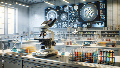 A Scientist's Lab, Showcasing a Well-Organized Workbench with a High-Powered Microscope at the Center, Surrounded by Racks of Colorful Test Tubes. Generative AI. 4K Wallpaper