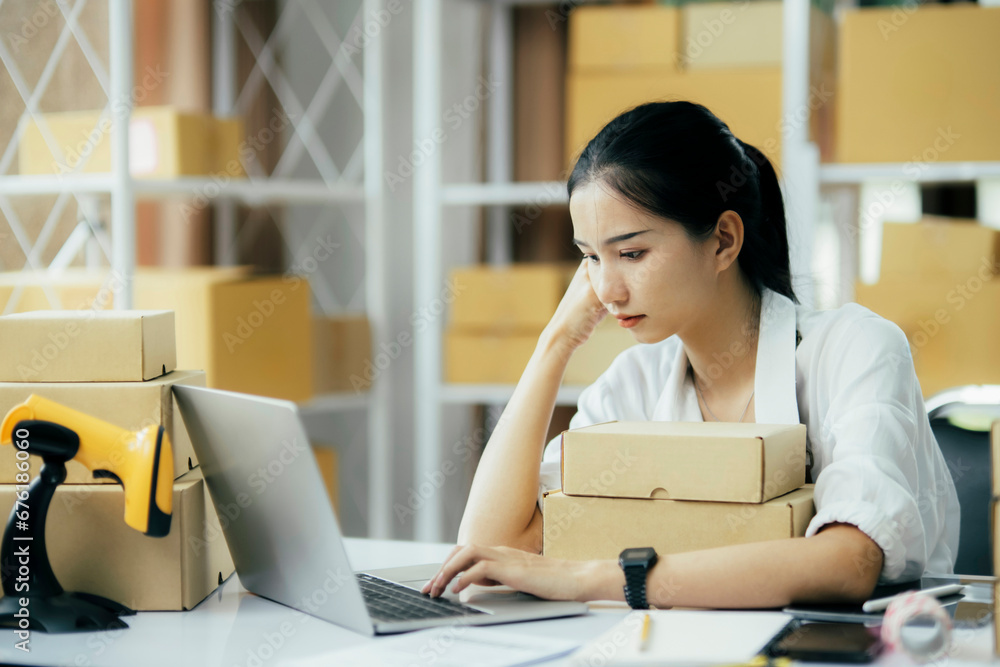 Online businesss owner tired and stress about business problem cannot sell. Online businesss owner tired and stress about business problem cannot sell.