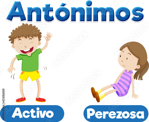 Antonym Word Card: Activo and Perezosa in Spanish means active and lazy