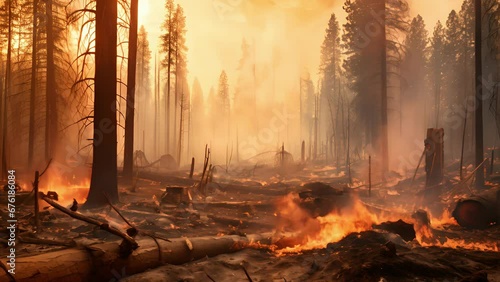 A powerful image of a forested area in the throes of a wild fire a consequence of drier conditions as a result of climate change, releasing more carbon into the atmosphere. photo
