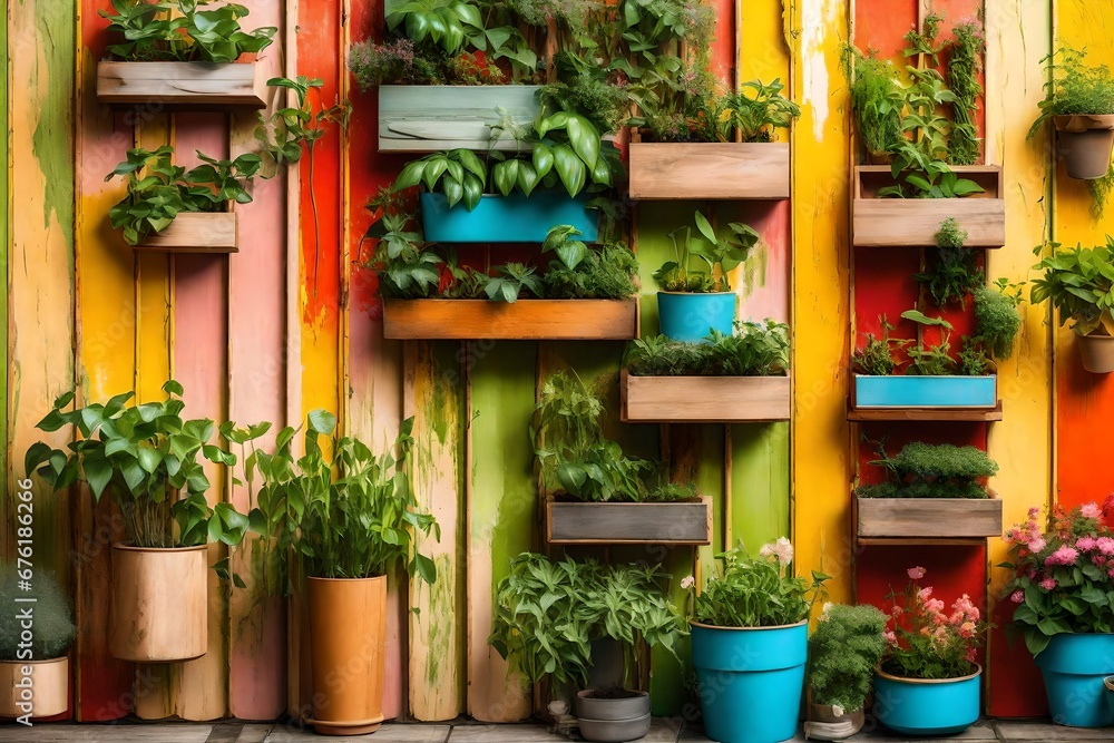 Wooden potted plants and flowers against a vibrantly painted background. Eco-friendly vertical garden and green wall. Plants in pots in the backyard garden