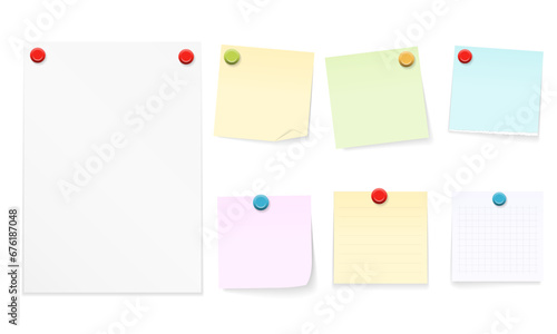 Set of paper notes with push pins, vector eps10 illustration