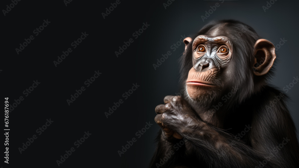 Confused chimpanzee is thinking something isolated on gray background Confused chimpanzee is thinking something isolated on gray background