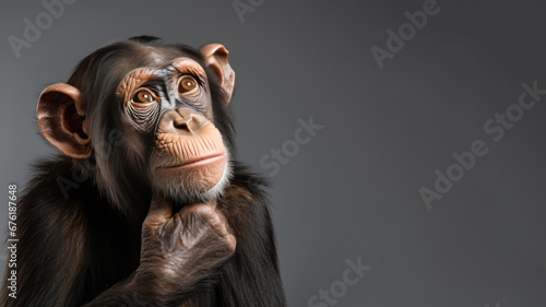 Confused chimpanzee is thinking something isolated on gray background photo