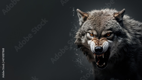 Angry wolf roaring ready to attack isolated on gray background
