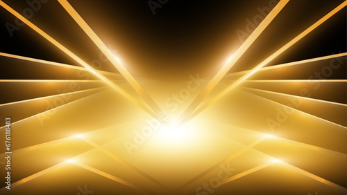  Gold stage scene with beam effects decorations. Luxury background.