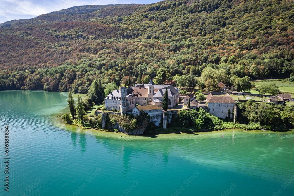 Aerial view of Abbey of Hautecombe, or Abbaye d'Hautecombe, in Savoie, France