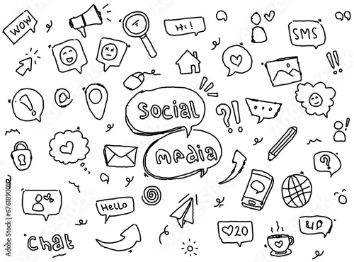 Outline social media doodle. Simple draw sketch set. for Messenger