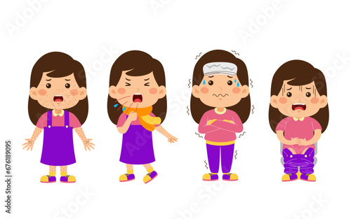 Kids Girl Unhealthy  Vector Illustration