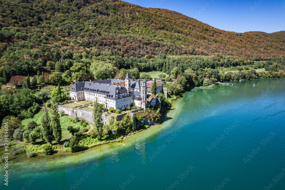 Aerial view of Abbey of Hautecombe, or Abbaye d'Hautecombe, in Savoie, France