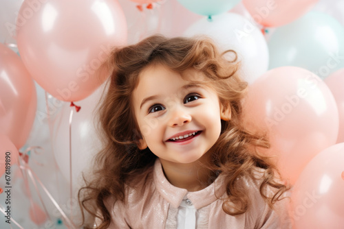 Happy brunette little girl excited looking up in the balloons