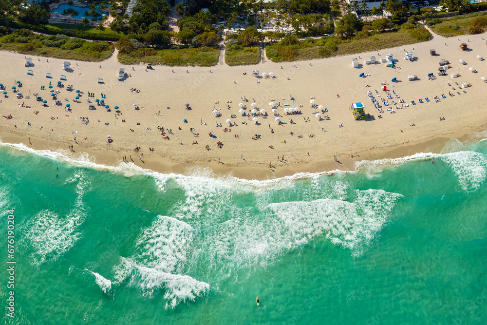 American southern seashore of Miami Beach city. Tourist infrastructure in Florida, USA. South Beach high luxurious hotels and apartment buildings