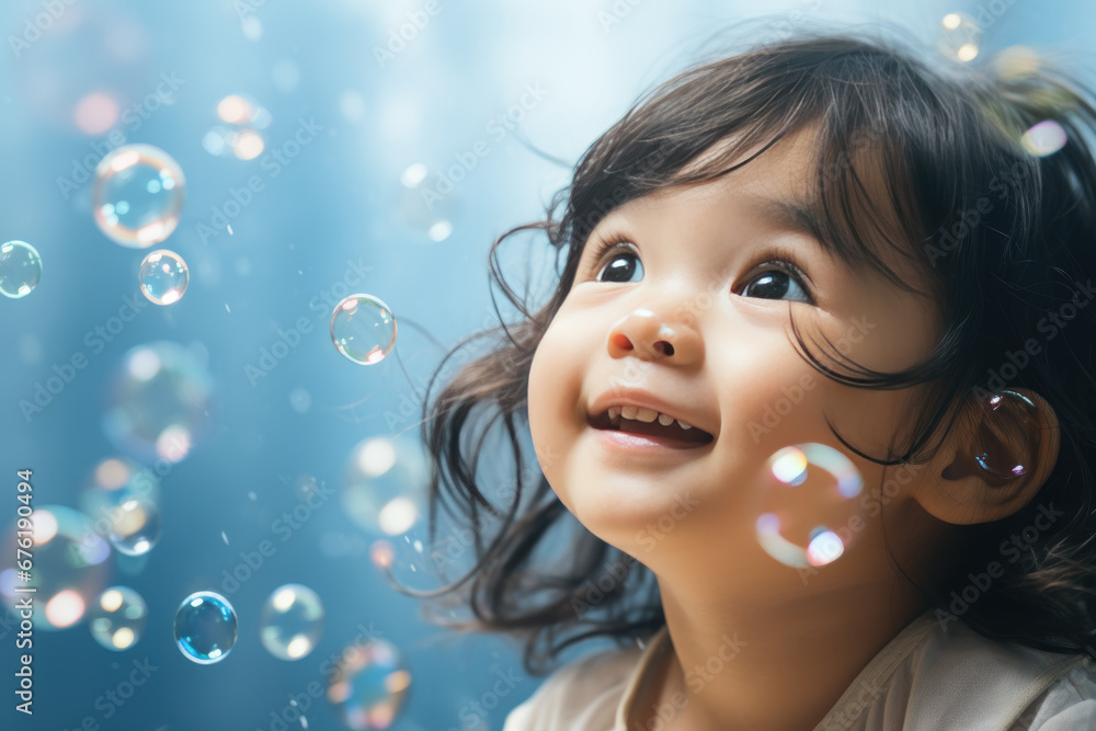 Happy asian little girl excited looking up in the bubbles Happy asian little girl excited looking up in the bubbles