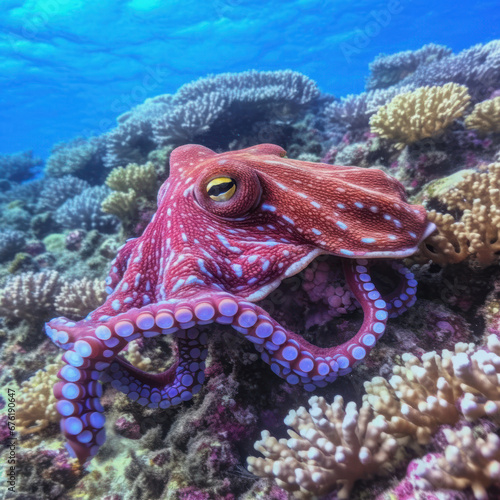 A crimson octopus weaving through coral gardens 
