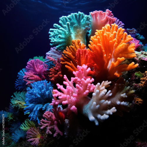 A cluster of rainbow-colored coral hosting a variety   © Sekai