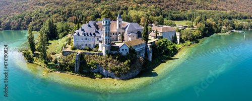 Aerial view of Abbey of Hautecombe, or Abbaye d'Hautecombe, in Savoie, France photo