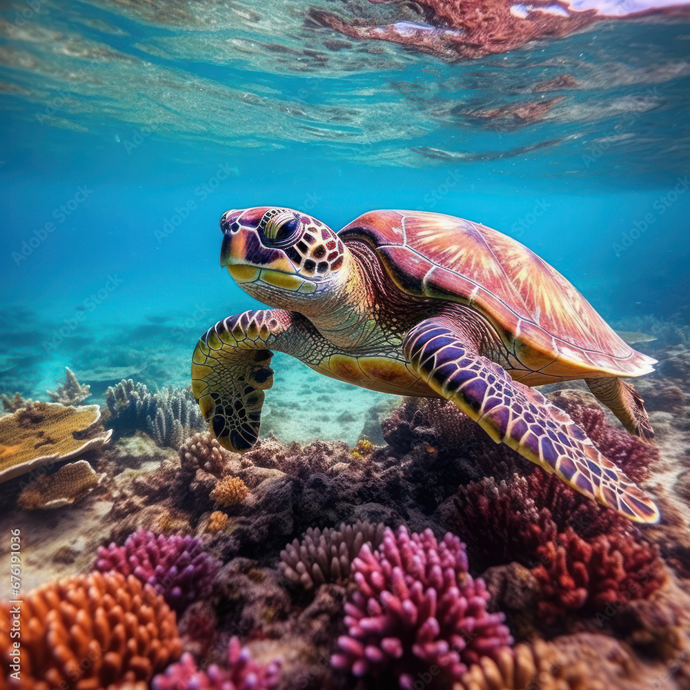 Fototapeta premium A turquoise turtle ambling along a rainbow-hued reef 