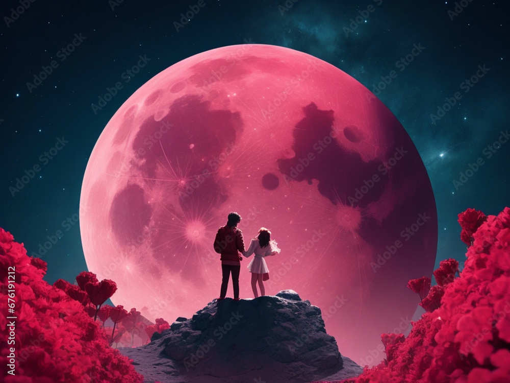 valentines Two lovers on the moon background valentines Two lovers on the moon background