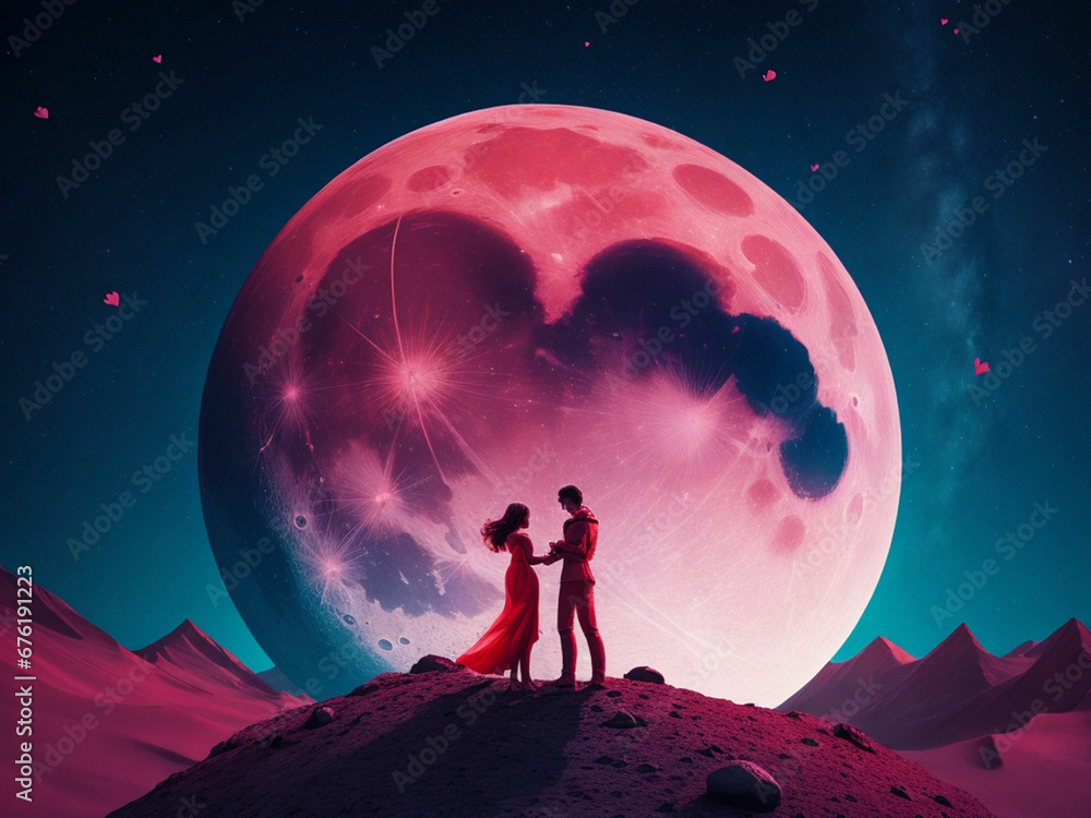 valentines Two lovers on the moon background valentines Two lovers on the moon background