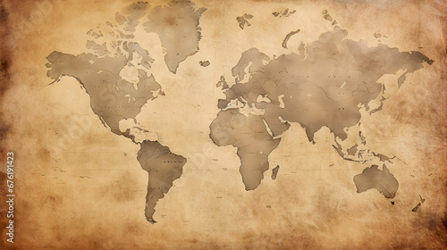 Old World map on creased and stained sepia coloured parchment paper. generative AI.