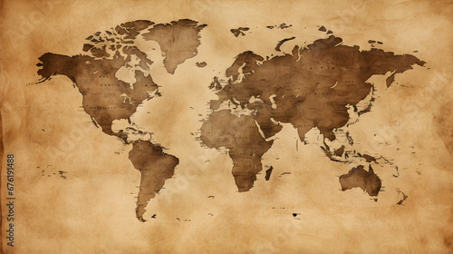 Old World map on creased and stained sepia coloured parchment paper. generative AI.