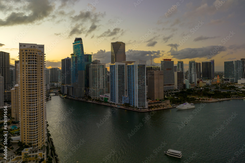 Evening urban landscape of downtown district of Miami Brickell in Florida, USA. Skyline with dark high skyscraper buildings in modern american megapolis