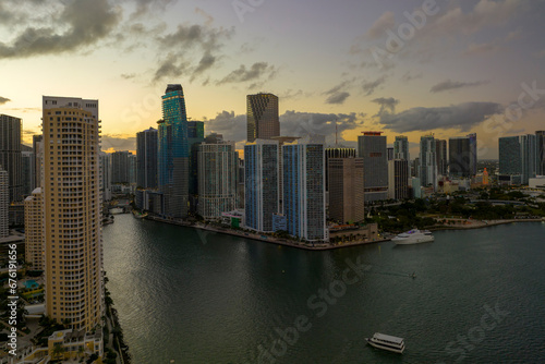 Evening urban landscape of downtown district of Miami Brickell in Florida, USA. Skyline with dark high skyscraper buildings in modern american megapolis © bilanol